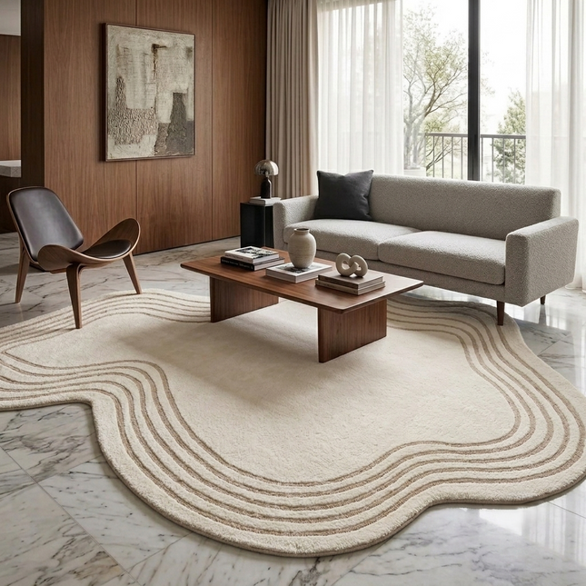 Hand Tufted Wool Rug: Cream Wave Edge, Modern Minimalist Decor