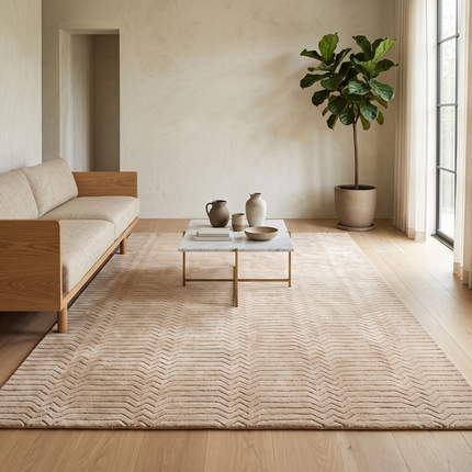 Hand Tufted Wool Rug: Beige Zigzag High-Low Pile, 8x10 Area Rug