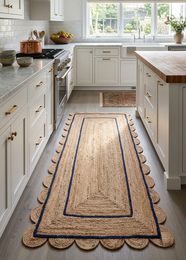 Navy Blue Scalloped Jute Rug: Handmade Eco-Friendly Runner