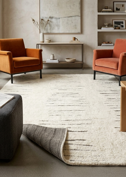 Hand Knotted Wool Rug: Modern Berber Beni Ourain Style, Ivory Abstract