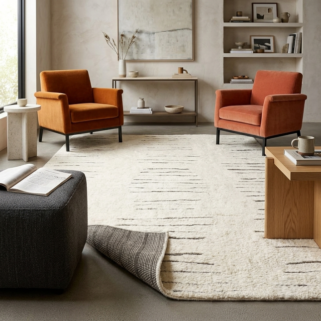 Hand Knotted Wool Rug: Modern Berber Beni Ourain Style, Ivory Abstract