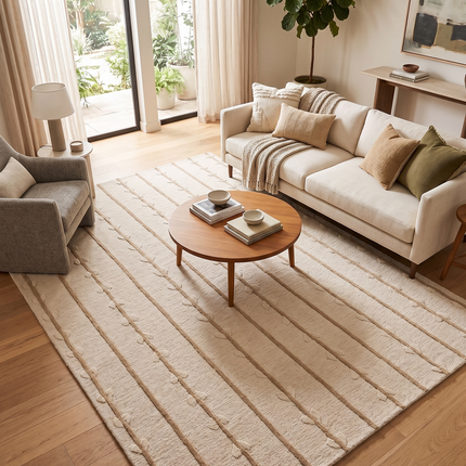 Hand Tufted Wool Rug Custom Size 8x10: Botanical Vine Stripe, Soft Beige