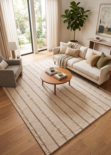 Hand Tufted Wool Rug Custom Size 8x10: Botanical Vine Stripe, Soft Beige