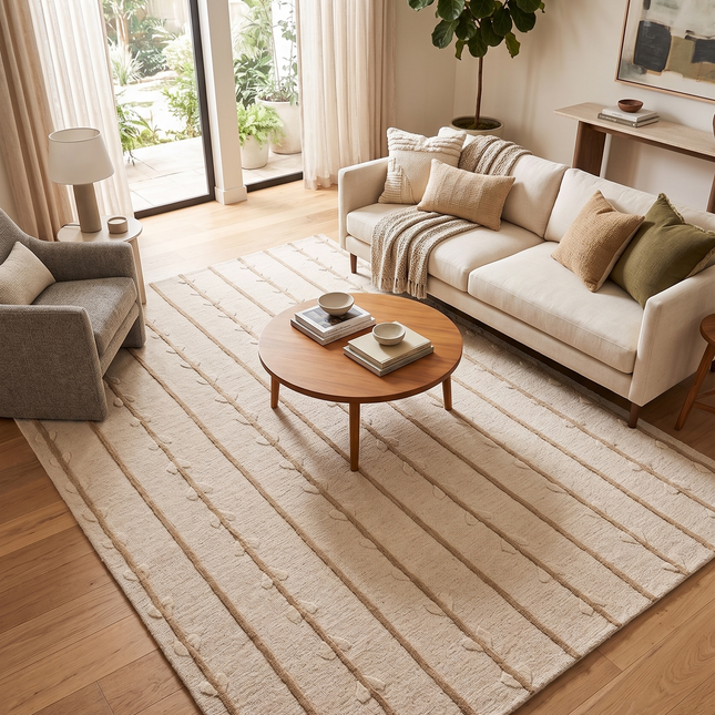 Hand Tufted Wool Rug Custom Size 8x10: Botanical Vine Stripe, Soft Beige