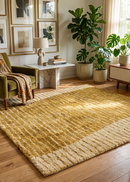 Hand Knotted Shag Wool Area Rug, Modern Mustard Yellow Striped Gabbeh, 8x10