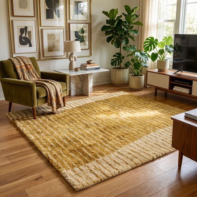 Hand Knotted Shag Wool Area Rug, Modern Mustard Yellow Striped Gabbeh, 8x10
