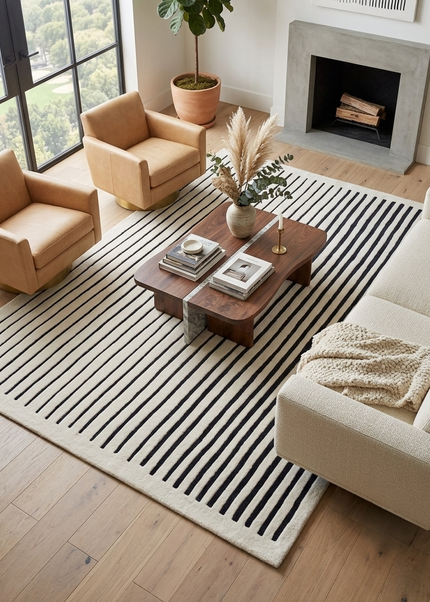 Hand Tufted Wool Rug: Monochrome Minimalist Stripe Area Rug