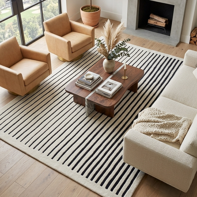 Hand Tufted Wool Rug: Monochrome Minimalist Stripe Area Rug