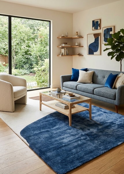 Hand Tufted Wool Area Rug: Modern Abstract Design, Navy/Beige