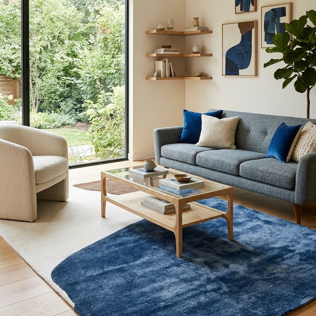 Hand Tufted Wool Area Rug: Modern Abstract Design, Navy/Beige