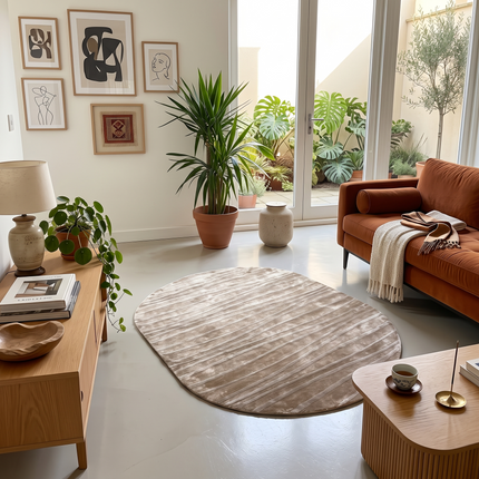 Hand Tufted Taupe & Ivory Wavy Pattern Viscose Rug  Modern Oval Area Carpet