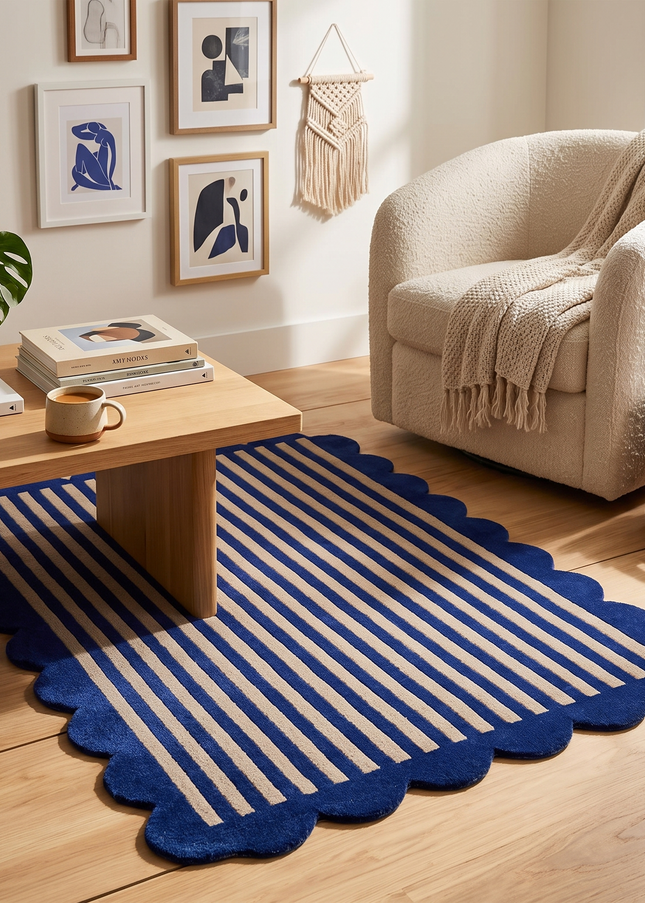 Hand Tufted Scalloped Wool Rug: Modern Blue Striped Area Rug