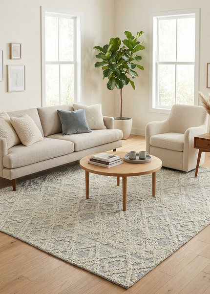 Handwoven Wool Area Rug: Diamond Pattern, Mid-Century Modern