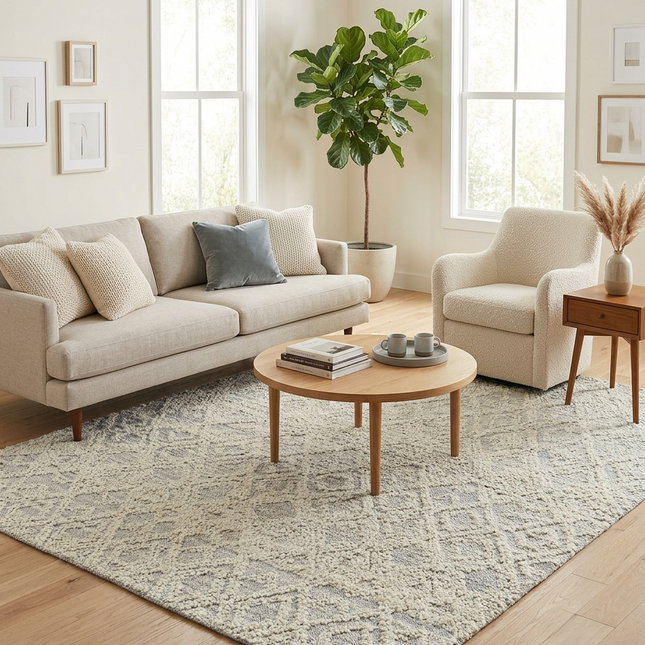 Handwoven Wool Area Rug: Diamond Pattern, Mid-Century Modern