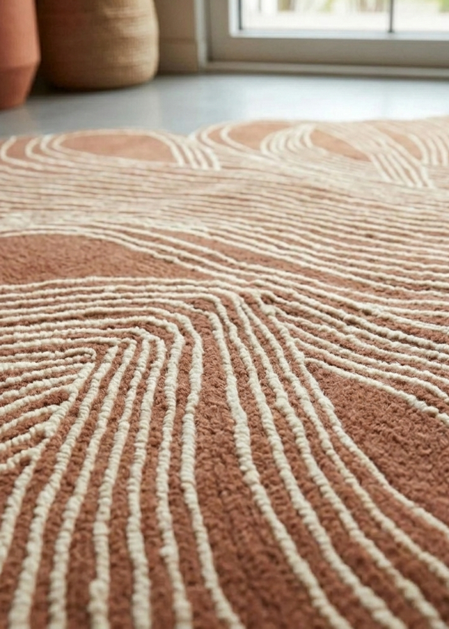 Rust & Ivory Abstract Wool Rug  Irregular Shape Area Rug for Home Decor