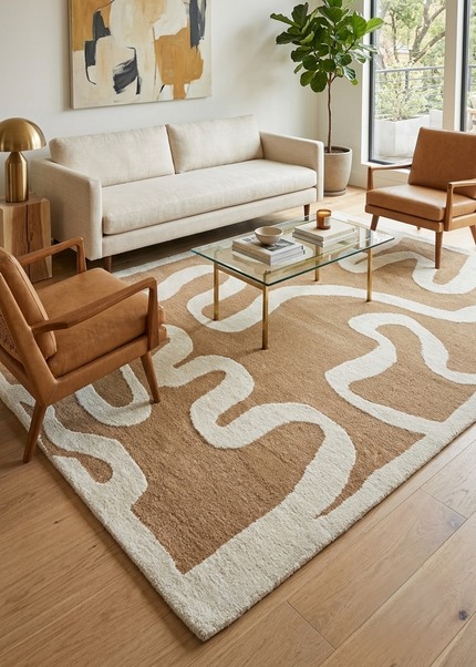 Hand Tufted Wool Rug: Abstract Light Brown Modern Carpet