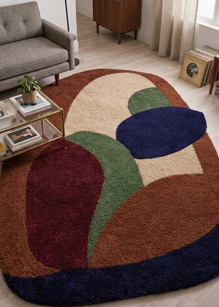 Designer Abstract Hand Tufted Multicolor Wool Rug, Contemporary Arch Shape Statement Carpet
