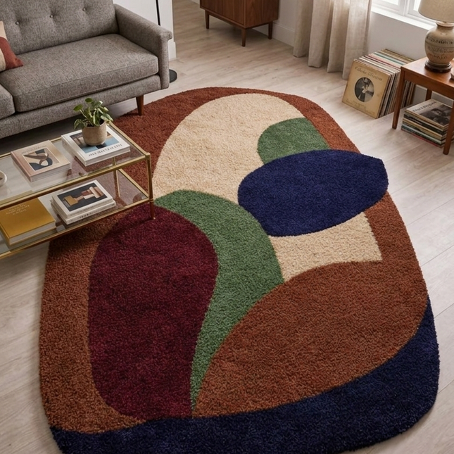 Designer Abstract Hand Tufted Multicolor Wool Rug, Contemporary Arch Shape Statement Carpet