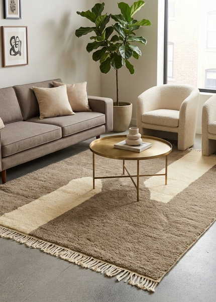 Neutral Beige & Cream Hand Knotted Wool Rug  Modern Geometric Carpet
