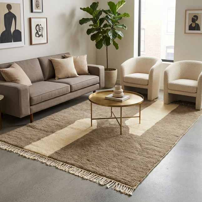 Neutral Beige & Cream Hand Knotted Wool Rug  Modern Geometric Carpet