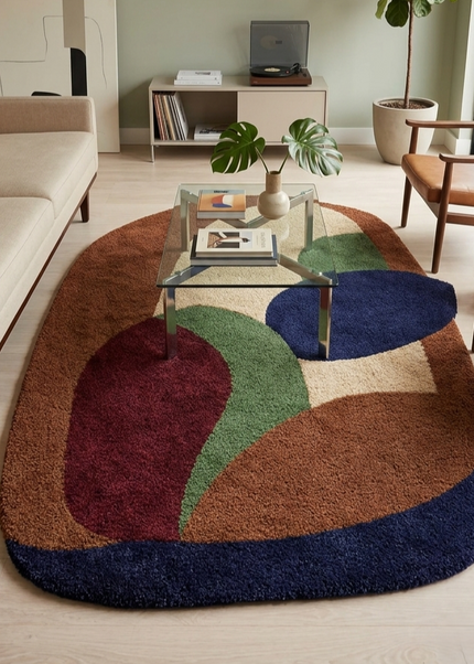 Designer Abstract Hand Tufted Multicolor Wool Rug, Contemporary Arch Shape Statement Carpet