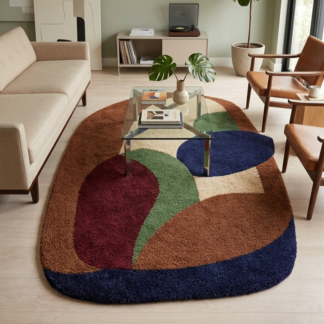 Designer Abstract Hand Tufted Multicolor Wool Rug, Contemporary Arch Shape Statement Carpet