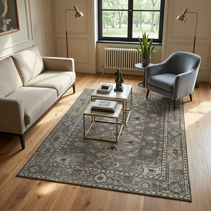 Hand-Knotted Turkish Oushak Wool Rug: Gray Anatolian Style, 9x12 Area Rug