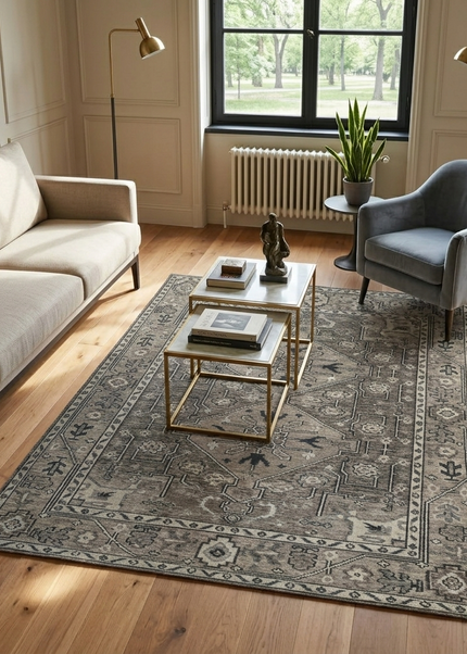 Hand-Knotted Turkish Oushak Wool Rug: Gray Anatolian Style, 9x12 Area Rug