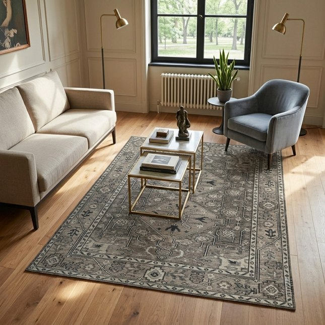 Hand-Knotted Turkish Oushak Wool Rug: Gray Anatolian Style, 9x12 Area Rug