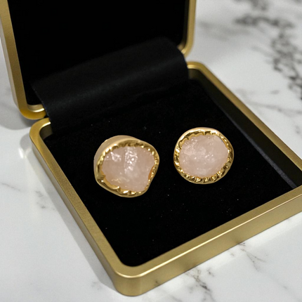Golden Aura Raw Rose Quartz Stud Earrings