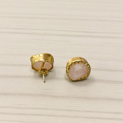 Golden Aura Raw Rose Quartz Stud Earrings