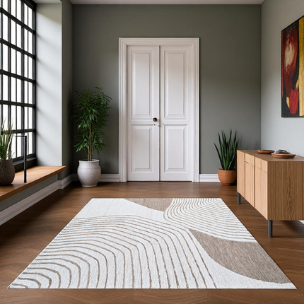 Beige & Brown Wool Rug – Modern Topographic Hand Tufted Carpet