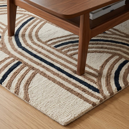 Mocha Geometric Arch Pattern Hand Tufted Wool Rug for Living Room Decor