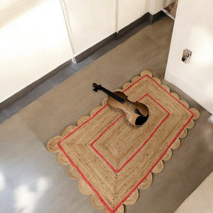 Red Natural Fiber Jute Scallop Rug Perfect for Bohemian Decor