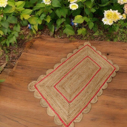Red Natural Fiber Jute Scallop Rug Perfect for Bohemian Decor