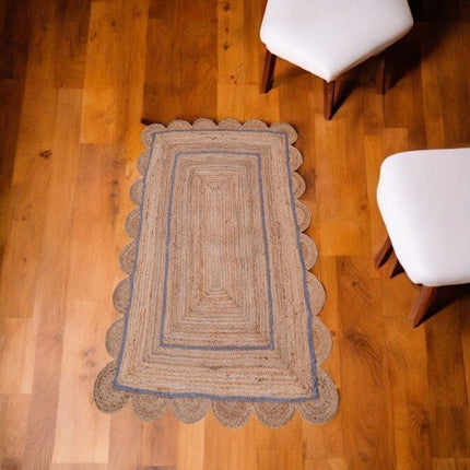 Dusty Blue Natural Jute Scalloped Rug
