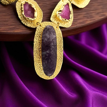 Brass Statement Necklace – Textured Gold with Raw Semi-Precious Stones