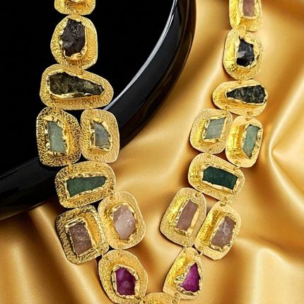 Brass Statement Necklace – Textured Gold with Raw Semi-Precious Stones