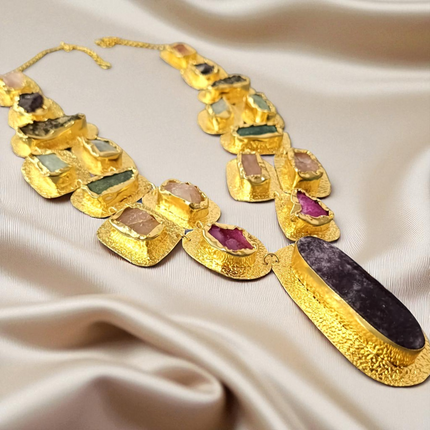 Brass Statement Necklace – Textured Gold with Raw Semi-Precious Stones