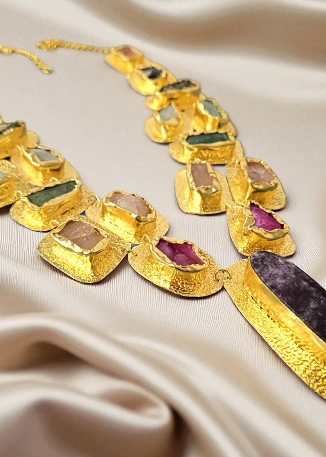 Brass Statement Necklace – Textured Gold with Raw Semi-Precious Stones