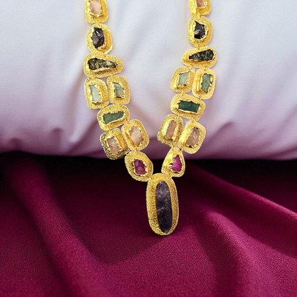 Brass Statement Necklace – Textured Gold with Raw Semi-Precious Stones