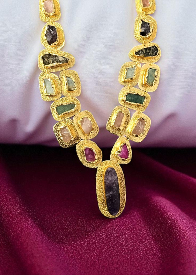 Brass Statement Necklace – Textured Gold with Raw Semi-Precious Stones