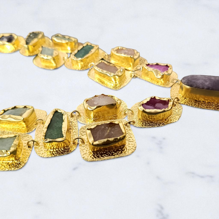 Brass Statement Necklace – Textured Gold with Raw Semi-Precious Stones