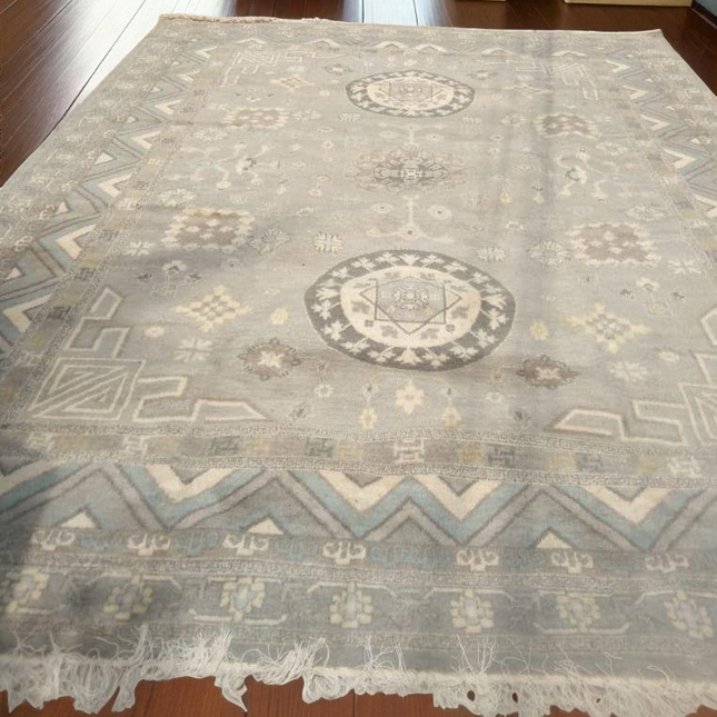 Vintage Oushak Wool Rug – Hand Knotted Turkish Gray Beige Boho Carpet
