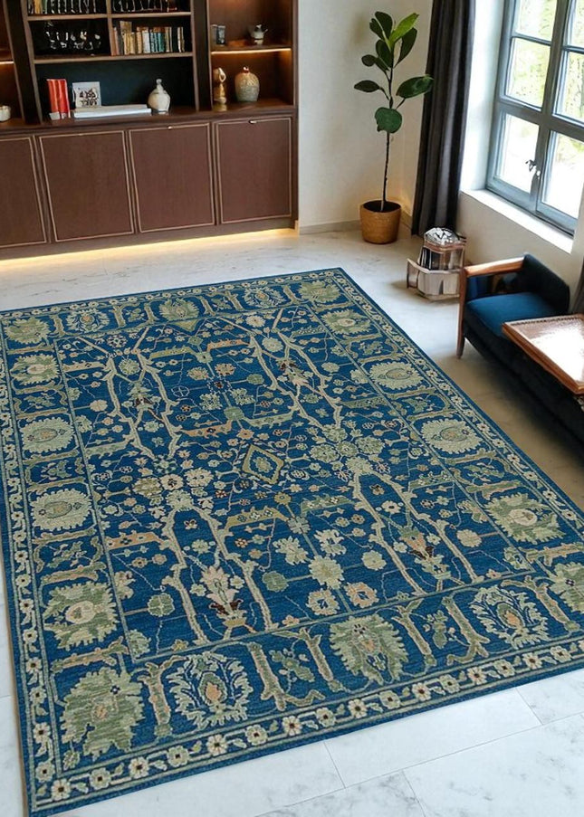 Royal Blue Floral Wool Rug 8x10 – Handwoven Oriental Persian Style Carpet