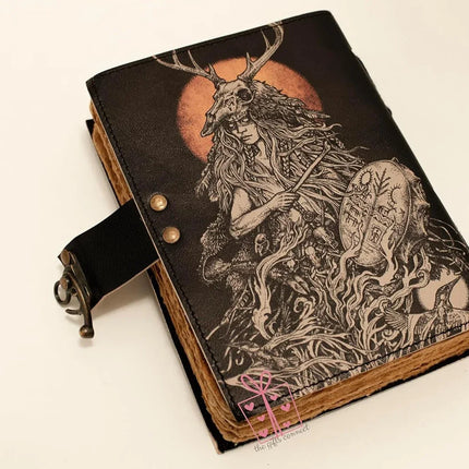 Witch Printed Leather Journal – Handmade Notebook with Lock