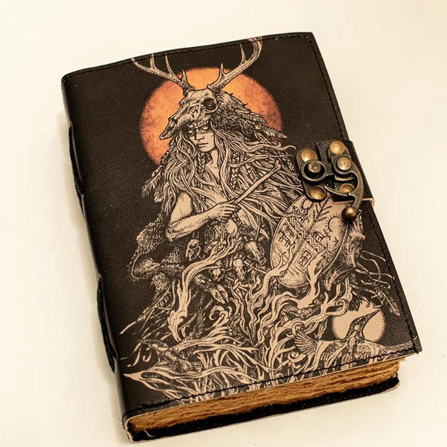 Witch Printed Leather Journal – Handmade Notebook with Lock