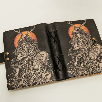 Witch Printed Leather Journal – Handmade Notebook with Lock