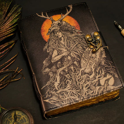 Witch Printed Leather Journal – Handmade Notebook with Lock