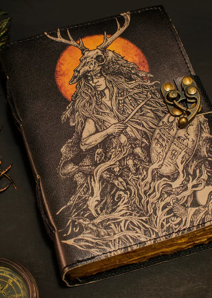 Witch Printed Leather Journal – Handmade Notebook with Lock